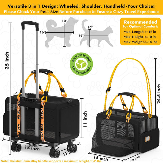 PAWZIDEA Pet Carrier with Wheels, 18x11x11 TSA Airline Approved Cat Carrier for 2 Cats Under Seat, Expandable Soft-Sided Rolling Dog Carriers for Small Dogs Travel Bag with Telescopic Handle, Black