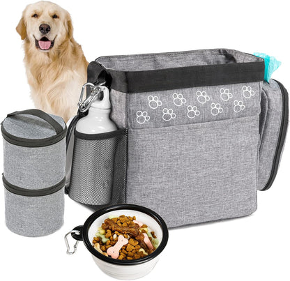 Dog Travel Bag with Treat Pouch, Airline Approved Dog Bags for Traveling, 2 Dog Food Travel Container, 2 Travel Bowls, Weekend Dog Travel Bag for Supplies, Dog Travel Kit Accessories