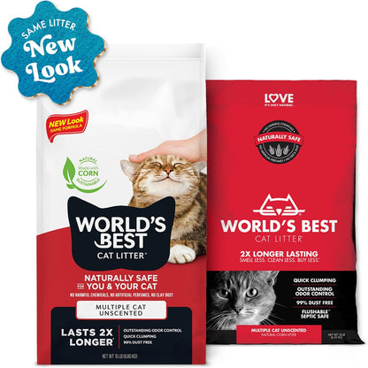 WORLD'S BEST CAT LITTER Multiple Cat Unscented, 15-Pounds - Natural Ingredients, Quick Clumping, Flushable, 99% Dust Free & Made in USA - Long-Lasting Odor Control & Easy Scooping