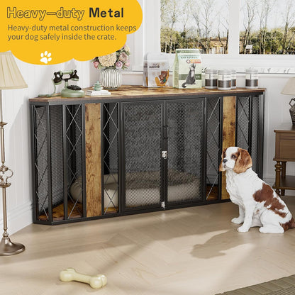 XL Corner Dog Crate Furniture, Decorative Dog Crates Dog Cage TV Stand with Diamond Metal Decoration, Wooden Dog Crate with Double Lock Design, Dog Crates Table, Retro Brown