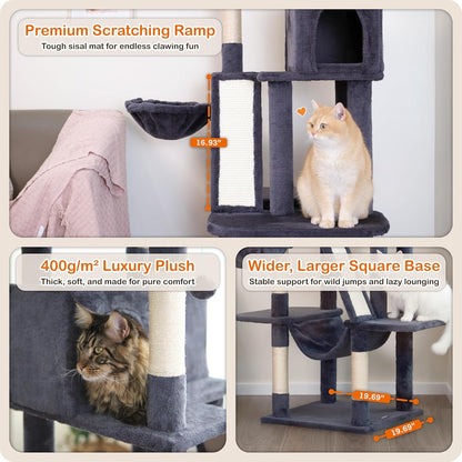 Ouritsu Cat Tree, 61 inch Tall Cat Tower for Large Cat Indoor, Enlarged Condo, 2 Padded Perches with 1 Widened, Large Hammock, Scratching Post and ramp, Fluffy Basket, Dark Gray, LF002DG