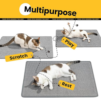 Cat Scratcher Mat,Natural Sisal Cat Scratch Pad with Hook&Loop Tape,Horizontal Floor Kitty Scratching Pads Rug for Indoor, Furniture Protector for Couch&Carpets&Sofas, Large, Grey, 2 Pack