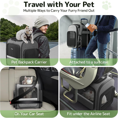 Pawtners Cat Carrier Backpacks Expandable Cat Backpack with Breathable Mesh, Pet Carrier Backpack for Cats Small Dogs Puppies Up to 18 Lbs, Dog Carrier Backpack for Travel Hiking Camping Outdoor - Pawvie
