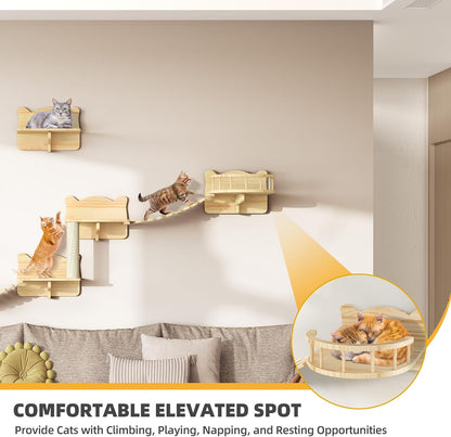 Cat Wall Shelves, Cat Wall Furniture Pine Wooden Feline Shelf, 9 Piece Shelves and Perches with Bed, House, Steps, Bridge Ladder and Scratching Post