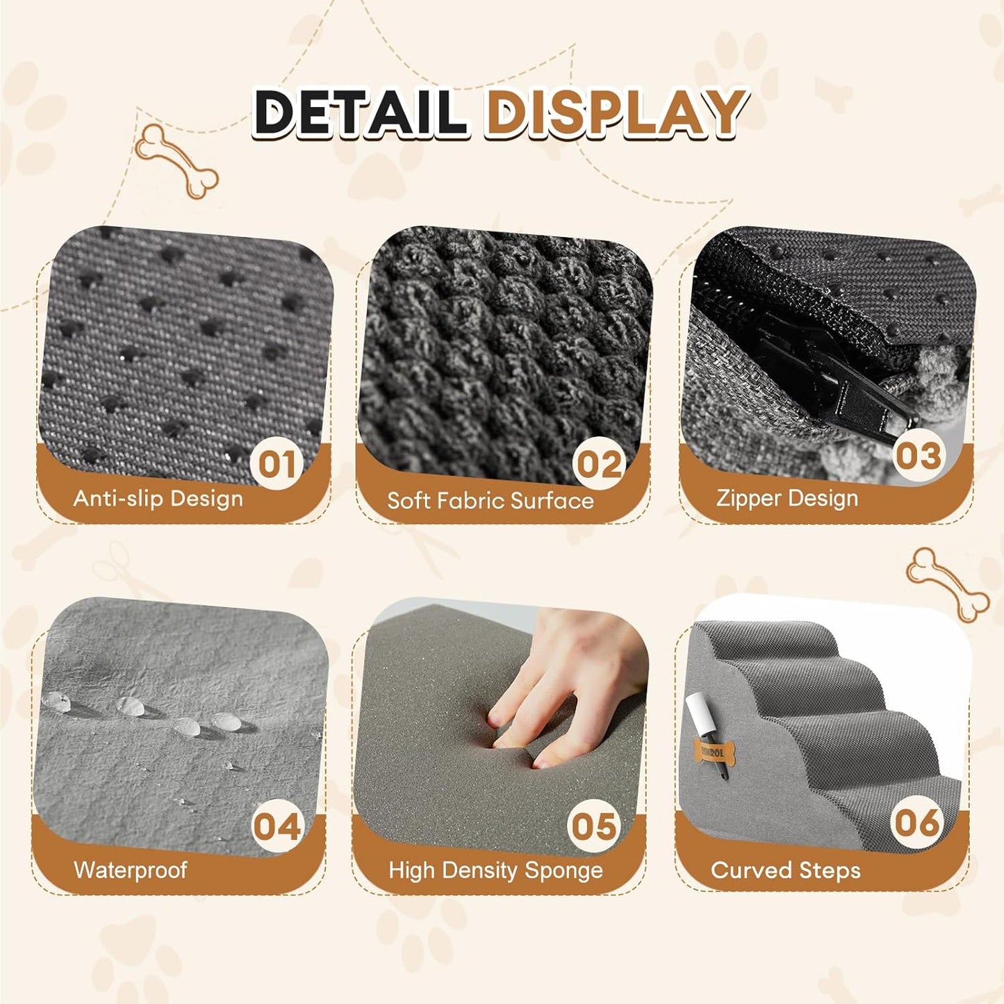 Dog Stairs, Romrol Dog Steps Ramp for High Bed and Couch, Dogs Ramp with Durable Non-Slip Waterproof Fabric Cover, Pet Stairs for Small Dogs and Cats or Pets Joints, 4-Tiers,Grey - Pawvie
