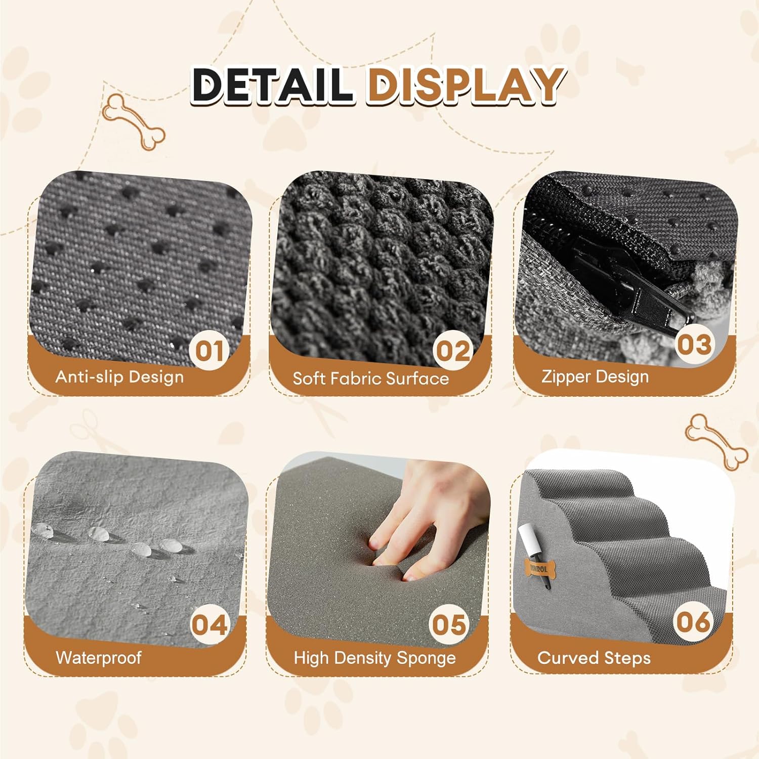 Dog Stairs, Romrol Dog Steps Ramp for High Bed and Couch, Dogs Ramp with Durable Non-Slip Waterproof Fabric Cover, Pet Stairs for Small Dogs and Cats or Pets Joints, 4-Tiers,Grey - Pawvie