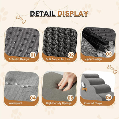 Dog Stairs, Romrol Dog Steps Ramp for High Bed and Couch, Dogs Ramp with Durable Non-Slip Waterproof Fabric Cover, Pet Stairs for Small Dogs and Cats or Pets Joints, 4-Tiers,Grey - Pawvie