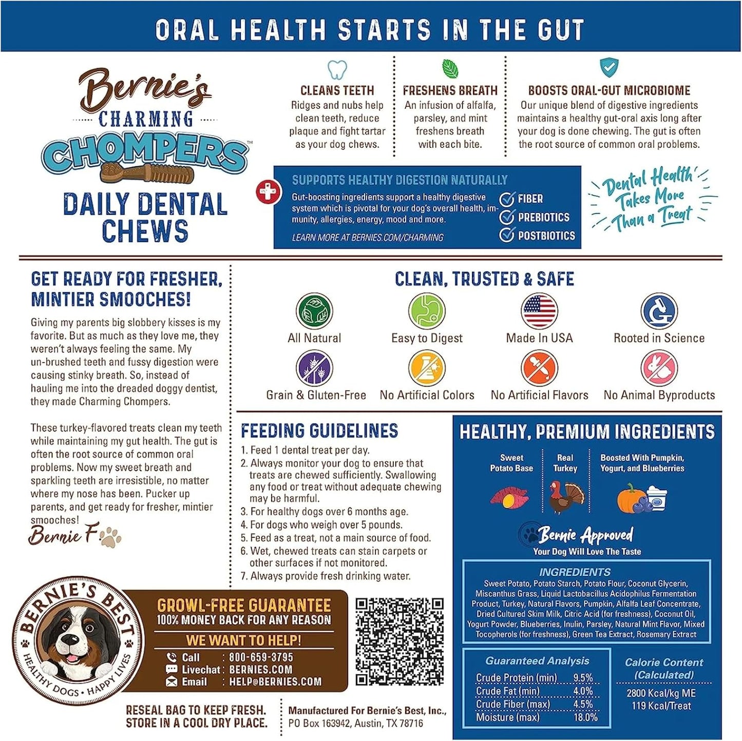 Bernie's Charming Chompers - Daily Dental Chews for Dogs 50-100 Lbs. - 12 Count - Cleans Teeth, Freshens Breath, + Boosts Oral-Gut Microbiome. Easy to Digest, Supports Healthy Digestion Naturally