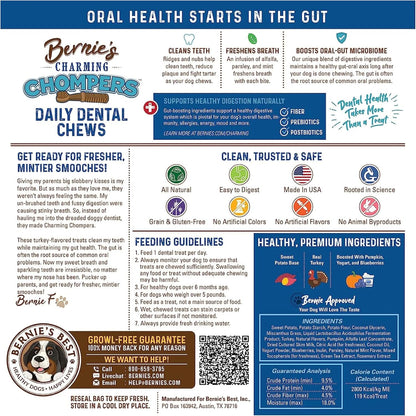 Bernie's Charming Chompers - Daily Dental Chews for Dogs 15-25 Lbs. - 30 Count - Cleans Teeth, Freshens Breath, + Boosts Oral-Gut Microbiome. Easy to Digest, Supports Healthy Digestion Naturally