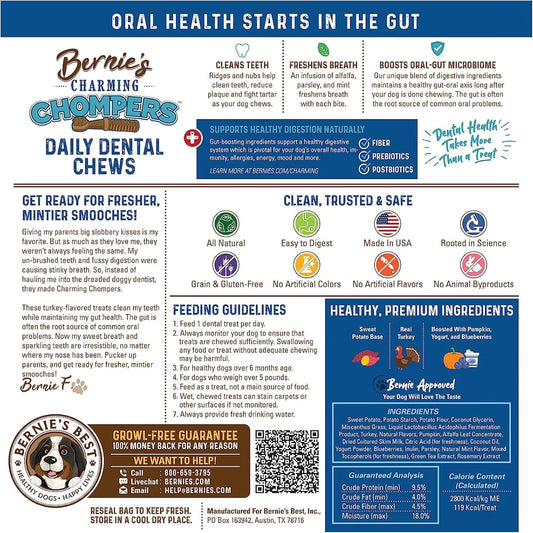 Bernie's Charming Chompers - Daily Dental Chews for Dogs 5-15 Lbs. - 65 Count - Cleans Teeth, Freshens Breath, + Boosts Oral-Gut Microbiome. Easy to Digest, Supports Healthy Digestion Naturally