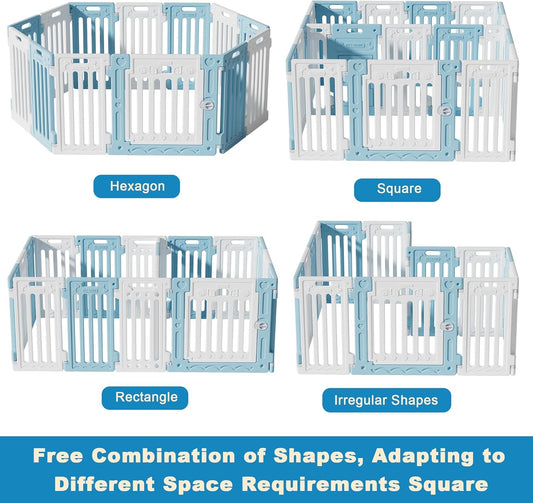 2 Room Dog Playpen with Door,DIY Shape Combination Puppy Pen,16-Panel+2 Link Piece+Large Door+Small Door,25.5" H Dog Fence,Non-Slip&Secure Pet Gate,Easy to Assemble,Blue+White