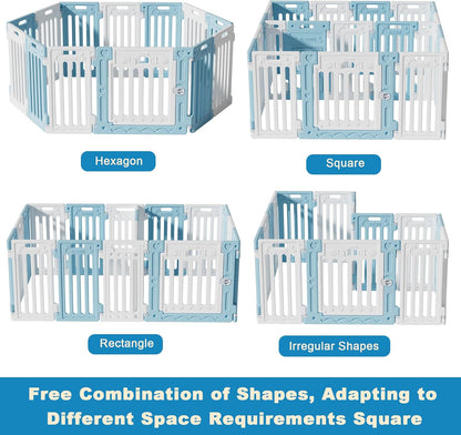 2 Room Dog Playpen with Door,DIY Shape Combination Puppy Pen,16-Panel+2 Link Piece+Large Door+Small Door,25.5" H Dog Fence,Non-Slip&Secure Pet Gate,Easy to Assemble,Blue+White