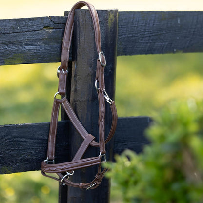 HORZE Warren Soft Adjustable Genuine Leather Horse Halter | Stainless Steel Hardware - Light Brown - Horse