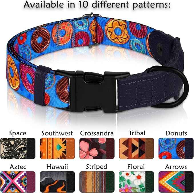 AirTag Dog Collar with Metal Buckle - Printed Nylon Soft Leather Dog Collar with Apple AirTag Holder - Secure Tracking GPS Pet Collars for Girl Boy Small Large Dogs (XL, 20"-25" Neck Fit, Donuts)