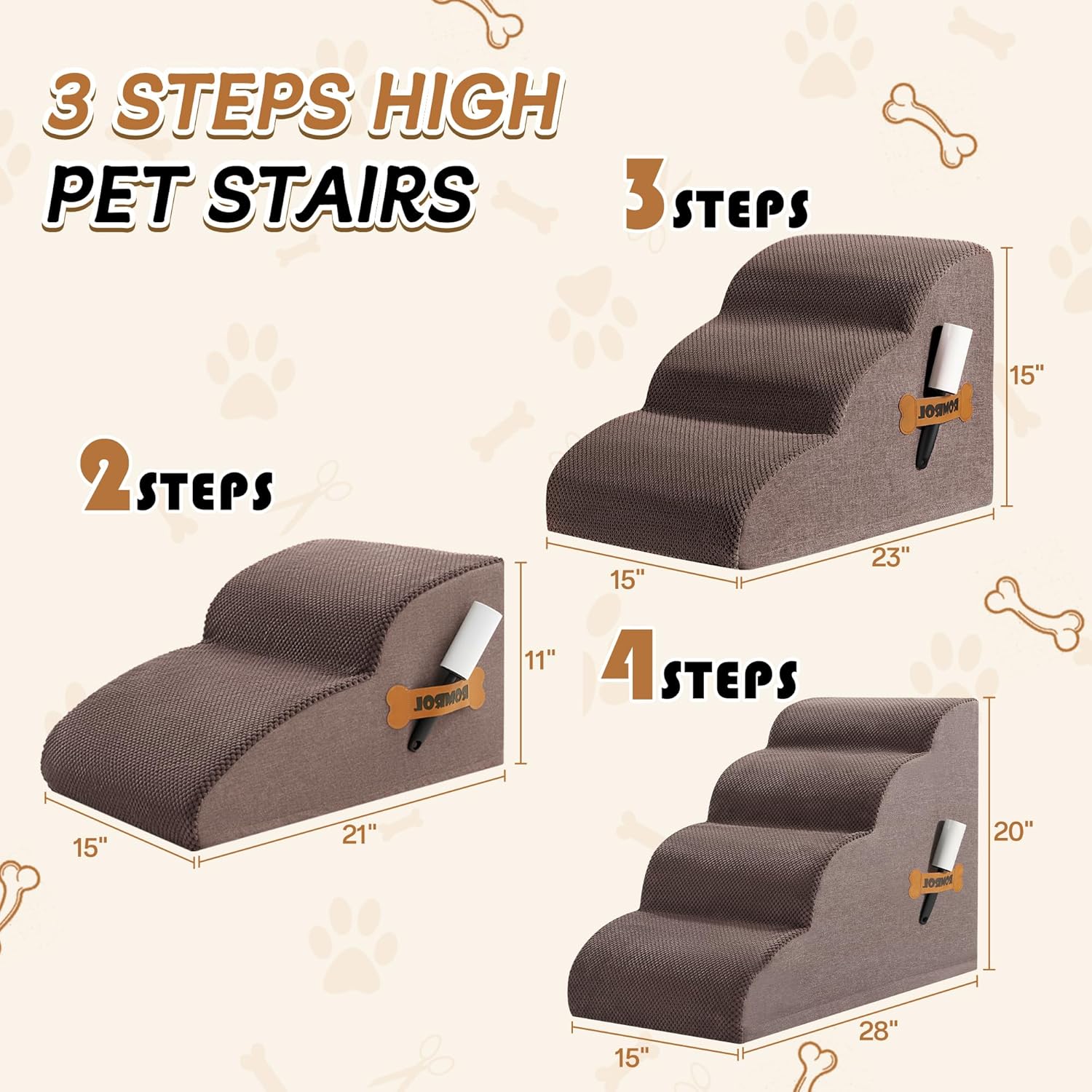 ROMROL Dog Stairs, Romrol Dog Steps Ramp for High Bed and Couch, Dog Ramp with Durable Non-Slip Waterproof Fabric Cover, Pet Stairs for Small Dogs and Cats or Pets Joints, 4-Tiers,Coffee - Pawvie