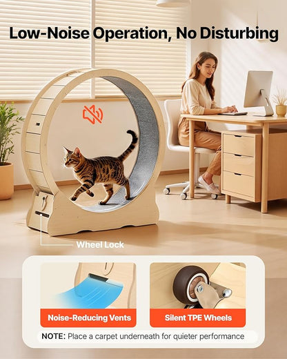 VEVOR Cat Exercise Wheel, 48 in Wooden Cat Running Wheel for Indoor Cats up to 28 lbs, Cats Treadmill with Carpeted Runway & Locking Mechanism, Quiet Roller Kitten Sport Toys for Pets Fitness & Health