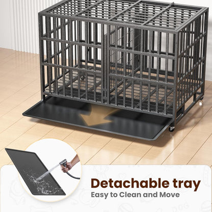 48 Inch Heavy Duty Indestructible Double Dog Crate Steel Escape Proof,Indoor Three Doors Cage,Kennel with Wheels,Removable Tray and Baffle