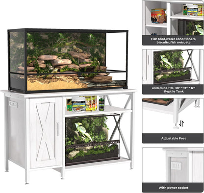 40-120 Gallon Reptile Tank Stand with Power Outlet, Terrarium Stand with Storage Cabinet, 48" X 24" Tabletop, Reptile Terrarium,Turtle Tank White PG08XYW