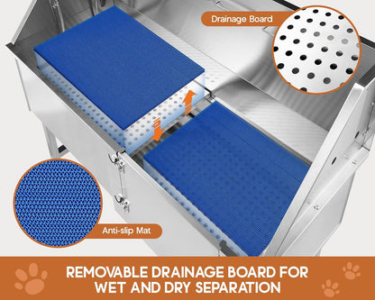 Albott 50-Inch Stainless Steel Dog Washing Station with Anti-Slip Steps, Sprayer, Faucet, and Soap Box – Professional Pet Bathtub for Medium/Small Pets, Ideal for Home, Garage, and Grooming(Left)