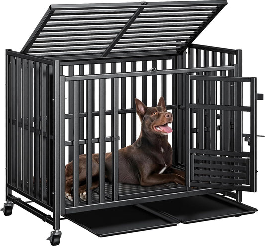 Upgraded 43.8 inch Heavy Duty Dog Crate, Reinforced Thickened Steel Frame Indestructible Kennel for Large & High Anxiety Dogs, Escape Proof Design with 3 Doors, 4 Lockable Wheels and 2 Removable Trays