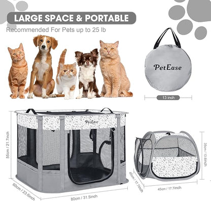 Portable Cat Playpen with Litter Box, Cat Enclosure for Camping, Cat Recovery Playpen After Surgery, Foldable Indoor Outdoor Pet Tent for Cats Rabbits Puppies (Light Gray)