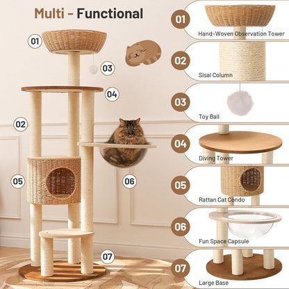 Heavy Duty Cat Tree with Scratching Post,Capsule,Basket,and Bed Modern Tall Cat Condo for Indoor Large