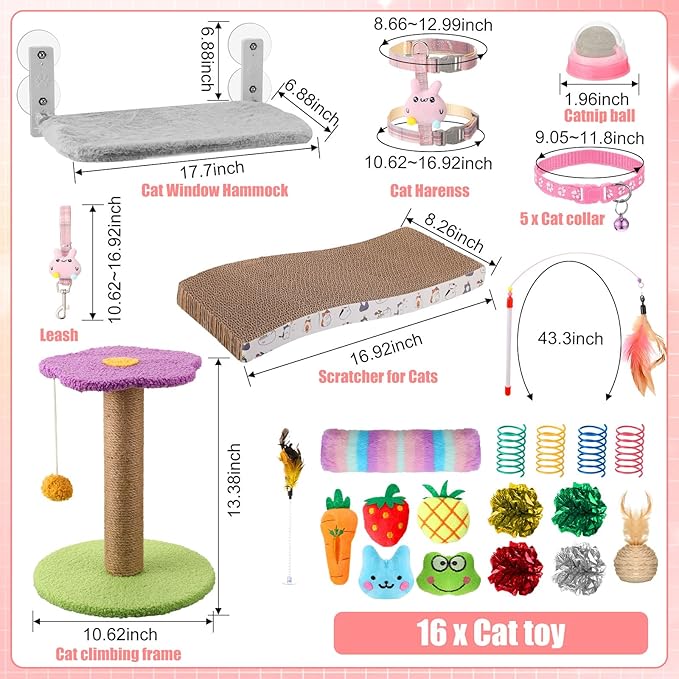 40 Pcs Kitten Starter Kit for Indoor Cats Include Litter Box, Carrier, Cat Bed, Climbing Post, Scratch Pad, Hammock, Feed Bowls, Mat, Collars, Nail File and More for Kitten Supplies Welcome Gift(Pink)