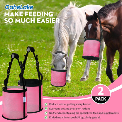 Horse Feed Bag 2 Pcs, Mesh Feed Bags for Horses, Muzzle Feedbag for Feeding Grain, Anti-Spill Design Feeder, Soft Neck Pad Nose Pad, Breathable and Universal Fit (Pink, Pack of 2)