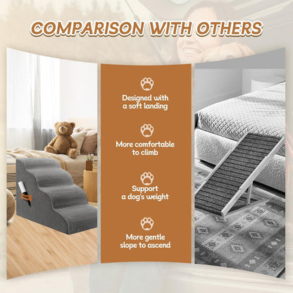 Romrol Dog Stairs Ramp for High Beds Couches, 33D High Density Foam Pet Steps with Durable Non-Slip Waterproof Fabric Cover, Dog Stairs for Small Dogs or Cats or Pets, 4-Step,Grey - Pawvie