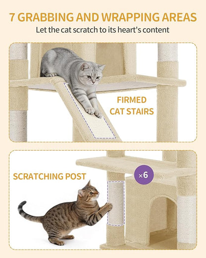 Large Cat Tree, 72 Inch Tall Indoor Cat Tower for 6 Large Cats, Corner Climbing Activity Pet Condo with 2 Large Platforms/2 Cats House/6 Scratching Post/1 Hanging Basket, Beige MS18318YG