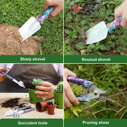 Gardening Tool Set 10-Piece, Heavy Duty Garden Tool Set with Purple Floral Tote Bag and Gift Box, Gardening Tools Kit with Ergonomic Non-Slip Handle, Ideal Gardening Gifts for Women Mom