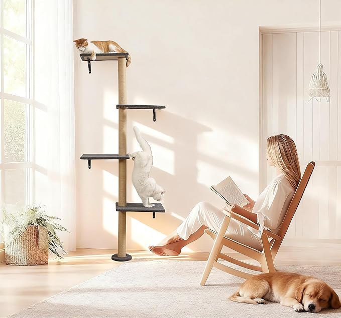 Cat Tree Wall Mounted,Tall Scratching Post for Indoor Cats Climbing Tower Activity Wood Cat Wall Furniture (Grey)