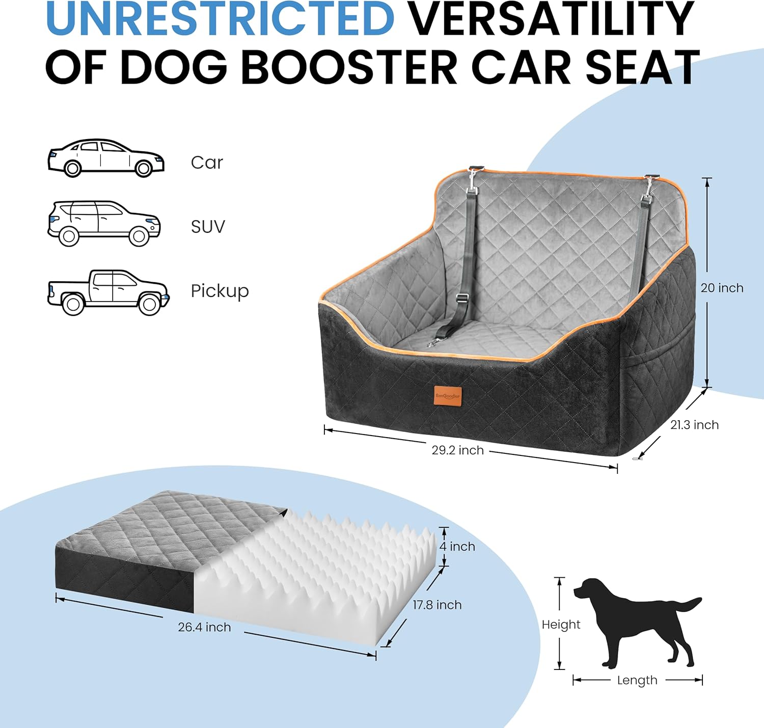 Dog Car Seat for Medium Dogs - Pet Car Seat with 2 Safety Straps & Waterproof Padding, Portable Pet Carrier for Cars, Trucks & SUVs, Comfortable Booster Bed for Pets Up to 55lbs (Black/Grey) - Pawvie