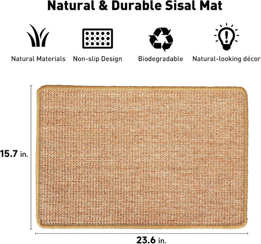 FUKUMARU Cat Scratcher Mat, 23.6 X 15.7 Inch Natural Sisal Cat Scratch Mats, Horizontal Cat Floor Scratching Pad Rug with Sticky Tapes, Protect Couch and Carpets
