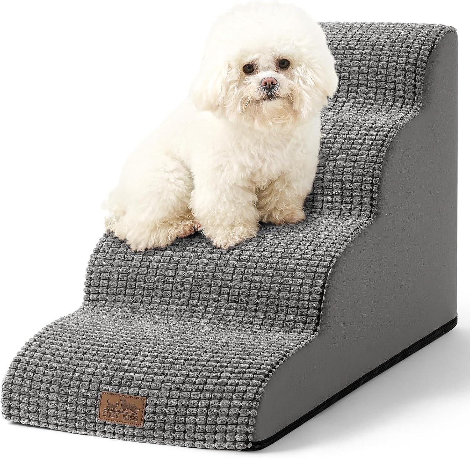 Dog Stairs for Small Dogs 19.7" H, Curved Dog Step for Puppy, Older or Cat, Medium Pet Ramp for Sofa, Couch or Bed, Ladder with High Density Foam, 15.7x28.3x19.7 inch, 4 Step, Light Grey - Pawvie