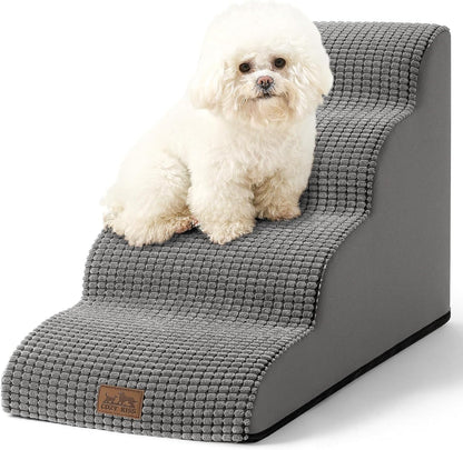 Dog Stairs for Small Dogs 19.7" H, Curved Dog Step for Puppy, Older or Cat, Medium Pet Ramp for Sofa, Couch or Bed, Ladder with High Density Foam, 15.7x28.3x19.7 inch, 4 Step, Light Grey - Pawvie