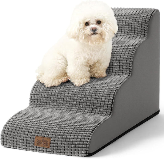Dog Stairs for Small Dogs 19.7" H, Curved Dog Step for Puppy, Older or Cat, Medium Pet Ramp for Sofa, Couch or Bed, Ladder with High Density Foam, 15.7x28.3x19.7 inch, 4 Step, Light Grey - Pawvie