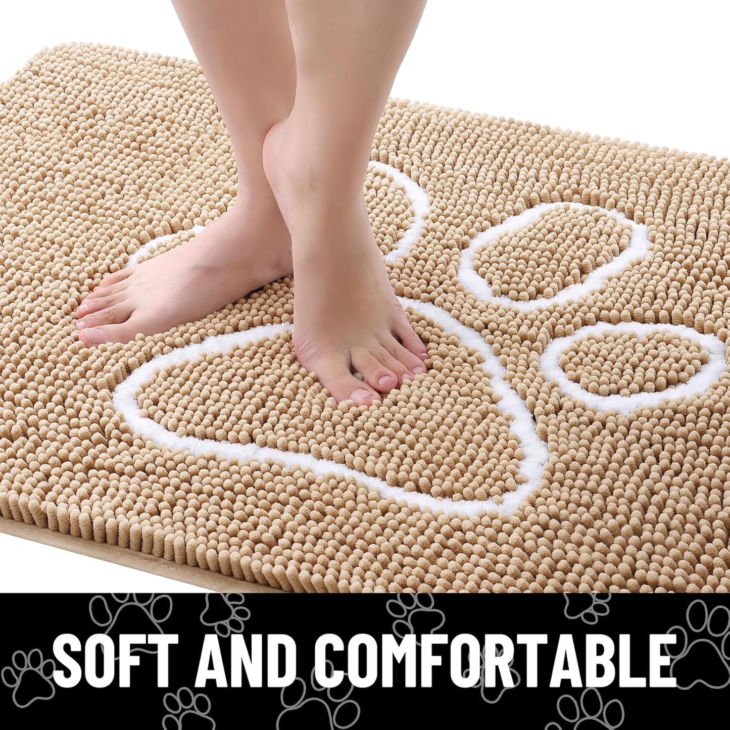Smiry Dog Door Mat for Muddy Paws, Absorbent Dirt Trapper Non Slip Quick Dry Washable Chenille Mat for Mud Dogs, Entry Rug for Indoor and Outdoor (59x35 Inches, Beige)