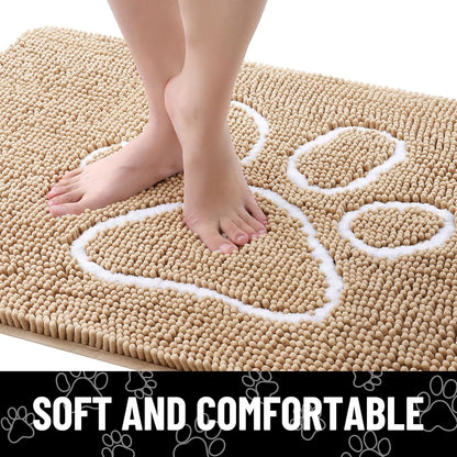 Smiry Dog Door Mat for Muddy Paws, Absorbent Dirt Trapper Non Slip Quick Dry Washable Chenille Mat for Mud Dogs, Entry Rug for Indoor and Outdoor (71x46 Inches, Beige)
