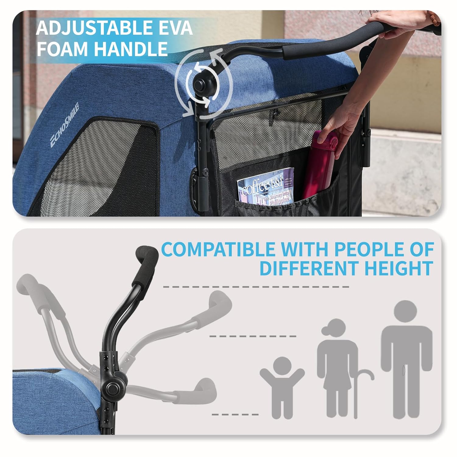 EchoSmile Heavy-Duty Large Dog Stroller with Shock-Absorbing Wheels, Foldable Pet Travel Carrier for Medium & Large Dogs, 5 Mesh Windows, 160 lbs Capacity, Easy Assembly & Storage - Pawvie