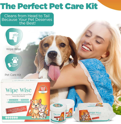 100 Pet Wipes (8x8'' Unscented) - 100 Ear Wipes (Coconut) - 50 Dental Wipes (Mint Infused) for Dogs & Cats, 250 Wipes, Alcohol-Free, Safe & Gentle- Great Value Bundle, Pet Care