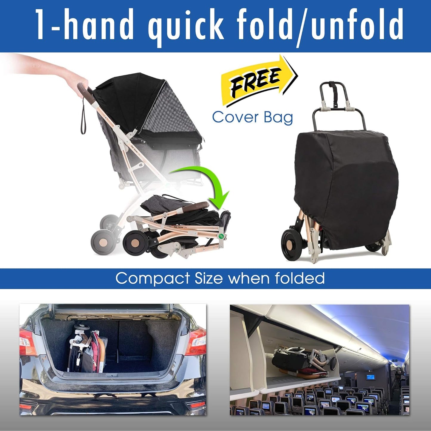 Lite Premium Light-Weight Dog/Cat/Pet Stroller Travel Carriage with Convertible Compartment/Zipper-Less Entry/1-Hand Quick Fold/Aluminum Frame for Small & Medium Pets (Black 2nd-Gen.) - Pawvie