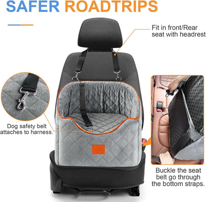 Dog Car Seat for Small Dogs, Memory Foam Booster Dog Seat for Dogs up to 35 lbs, Elevated Pet Car Seat with Washable Removable Cover, Storage Pockets (Gray)