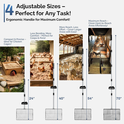 15" Extra-Wide Chicken Poop Scooper – Ergonomic Adjustable Handle (24-70in), Stainless Steel Sifting Shovel Deep Litter Cleaning for Chicken Coops, Goat - Chicken Coop Scoop for Sand, Straw, Hemp