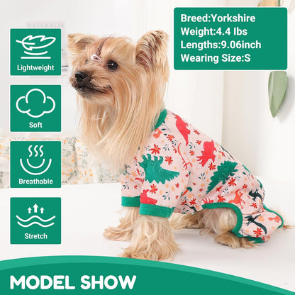 Dog Pajamas Small Sized Dogs Stretchable Summer Dog Clothes Pjs 4 Legs Girl Boy Cute Soft Puppy Outfits Doggie Cat Jammies Jumpsuit Sleeper for Pet, Dinosaur, L