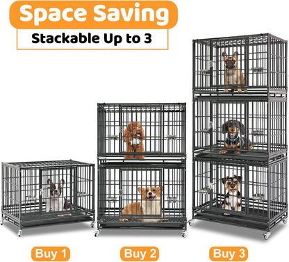 Homey Pet 37 Inch Heavy Duty Dog Crate for Medium Dogs, Stackable Dog Cage with Four Lockable Wheels, Removable Tray & Grid, Open Top, Escape Proof Dog Kennel Indoor