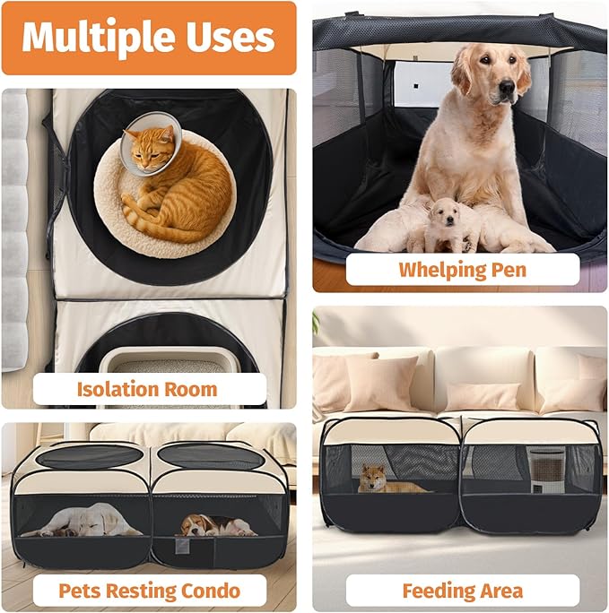 2-in-1 Dog Playpen 73.5''Pop Up Cat Pet Playpen, Assembly-Free Indoor Outdoor Kitten Enclosure, Kitten Pen Cat Cage Portable Puppy Tent Crates Kennel for Small Animals(No Divider, Unified Space)