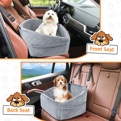 Dog Car Seat for Small Dogs,Detachable Washable Dog Booster Seat for Medium Dogs Under 30lbs, Pet Car Seat Travel Bed with Storage Pockets and Dog Safety Belt (Grey) - Pawvie