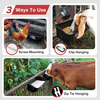 Goovilla Large Feed Trough, Hanging or Screw-in Fence Feeder with Clips, 2 Pack 9 Quart Goat Feeder Supplies, Dog Horse Hog Pig Livestock Poultry Plastic Feeder Trough Bucket for Large Animal, Black