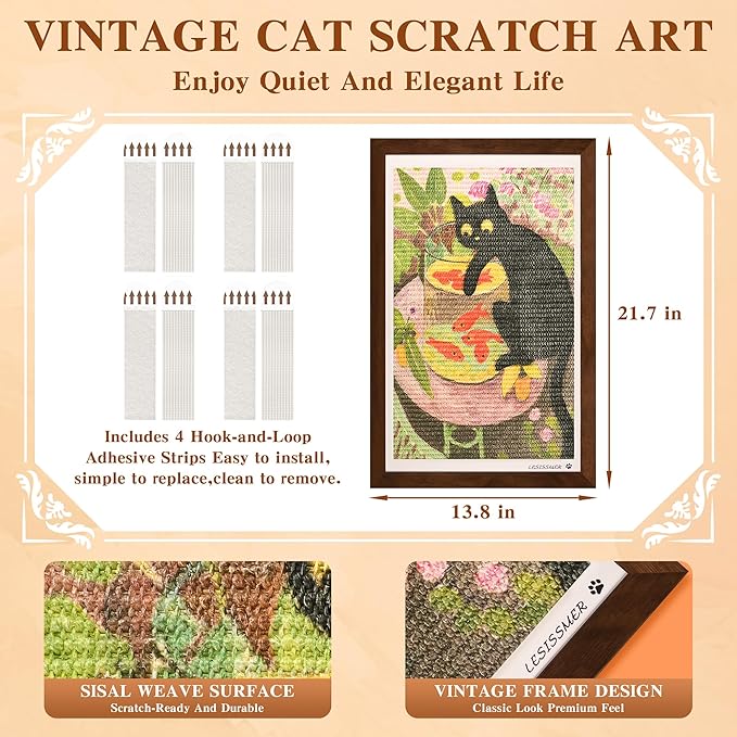 Wall Art Cat Scratcher Sisal Mat, No-Drill Wall Mounted Cat Scratch Pad with Frame, 13.8 x 21.7 Inch Cat Wall Scratchers for Indoor Cats（Goldfish）